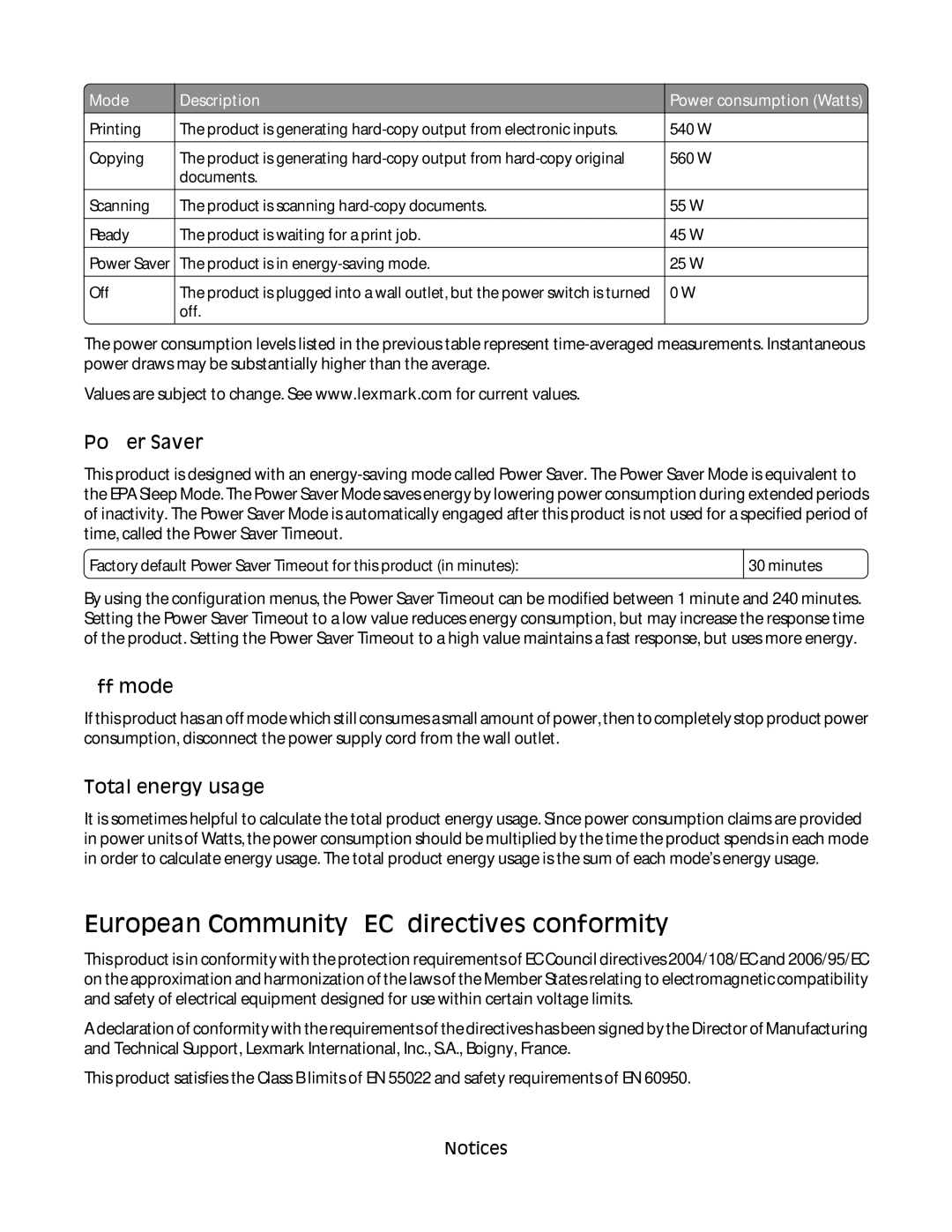 Lexmark hn1, X466de, X464de, 431 European Community EC directives conformity, 296, Power Saver, Off mode, Total energy usage 