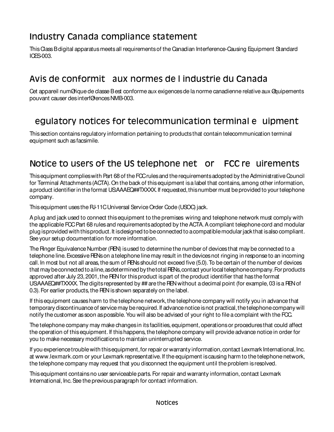 Lexmark wh2, X466de, 431 Industry Canada compliance statement, Avis de conformité aux normes de l’industrie du Canada, 297 