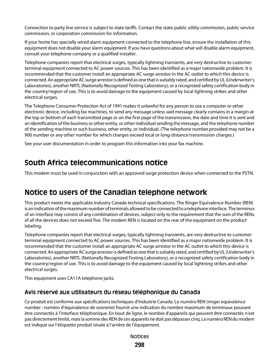 Lexmark wh1, X466de, X464de, 431, 63W, 636, g02, g12, g11, g01, hn2, hn1, wh2, n11, n12 South Africa telecommunications notice, 298 