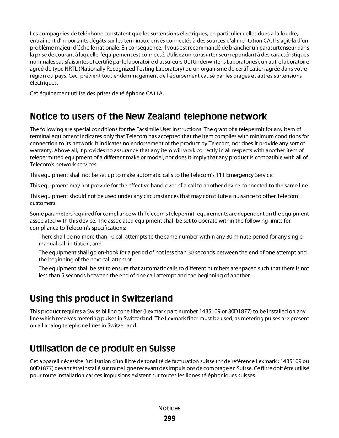 Lexmark n11, X466de, X464de, 431, 63W, 636, g02, g12 Using this product in Switzerland, Utilisation de ce produit en Suisse, 299 