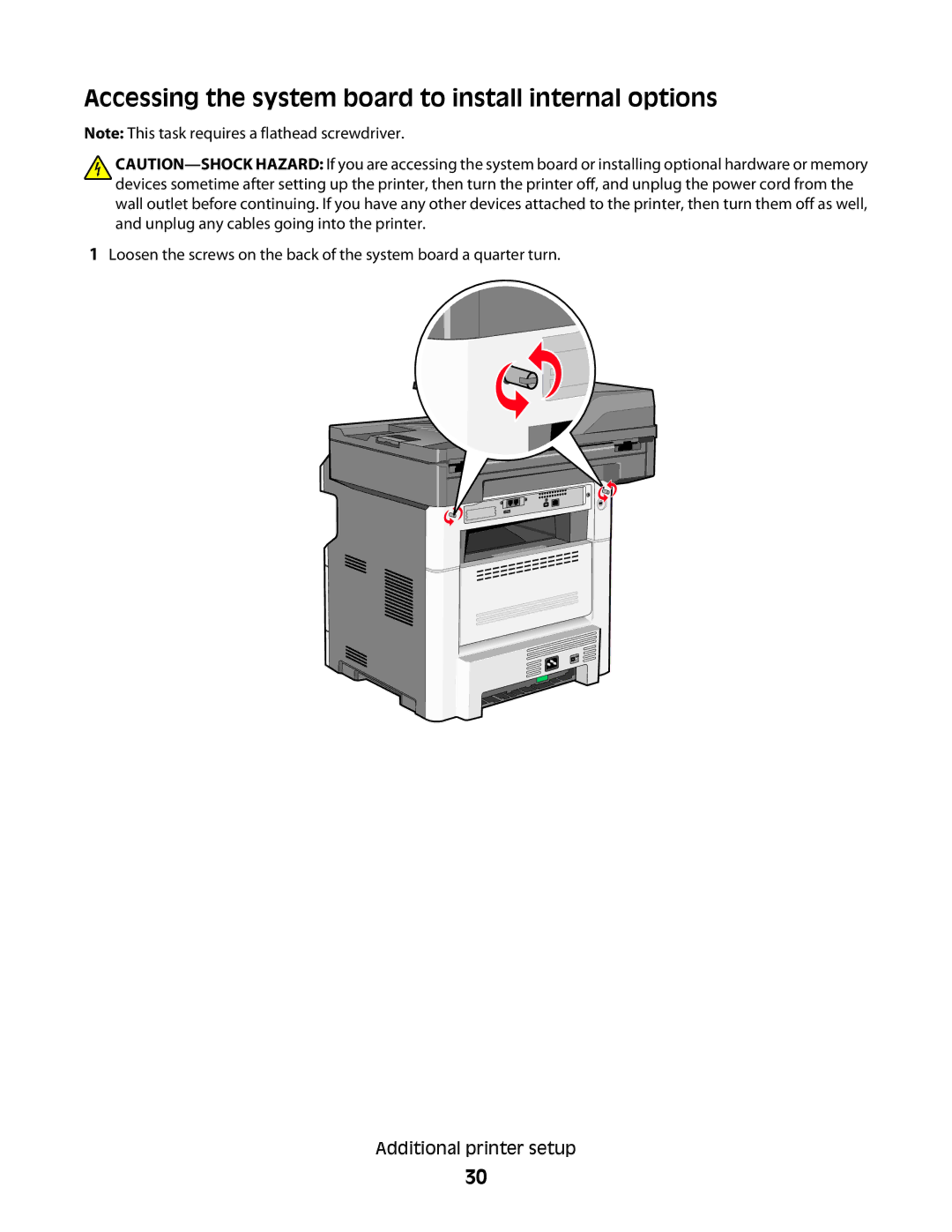 Lexmark g01, X466de, X464de, 431, 63W, 636, g02, g12, g11, hn2, hn1, wh2, wh1 Accessing the system board to install internal options 