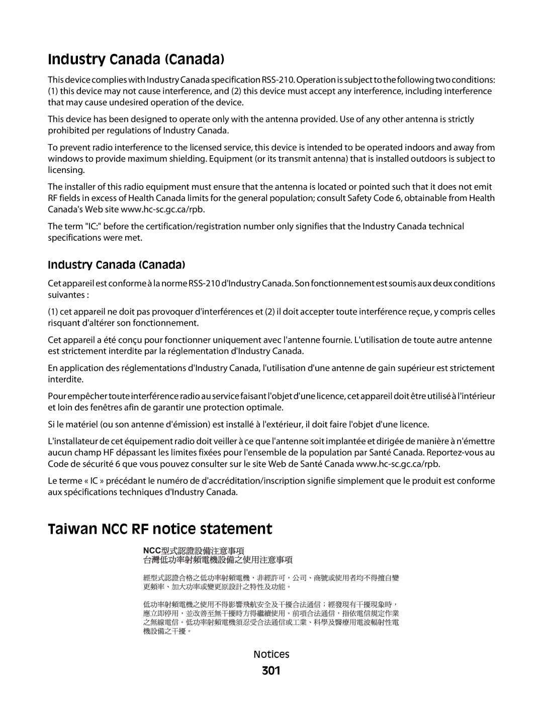 Lexmark X46X, X466de, X464de, 431, 63W, 636, g02, g12, g11, g01, hn2 Industry Canada Canada, Taiwan NCC RF notice statement, 301 