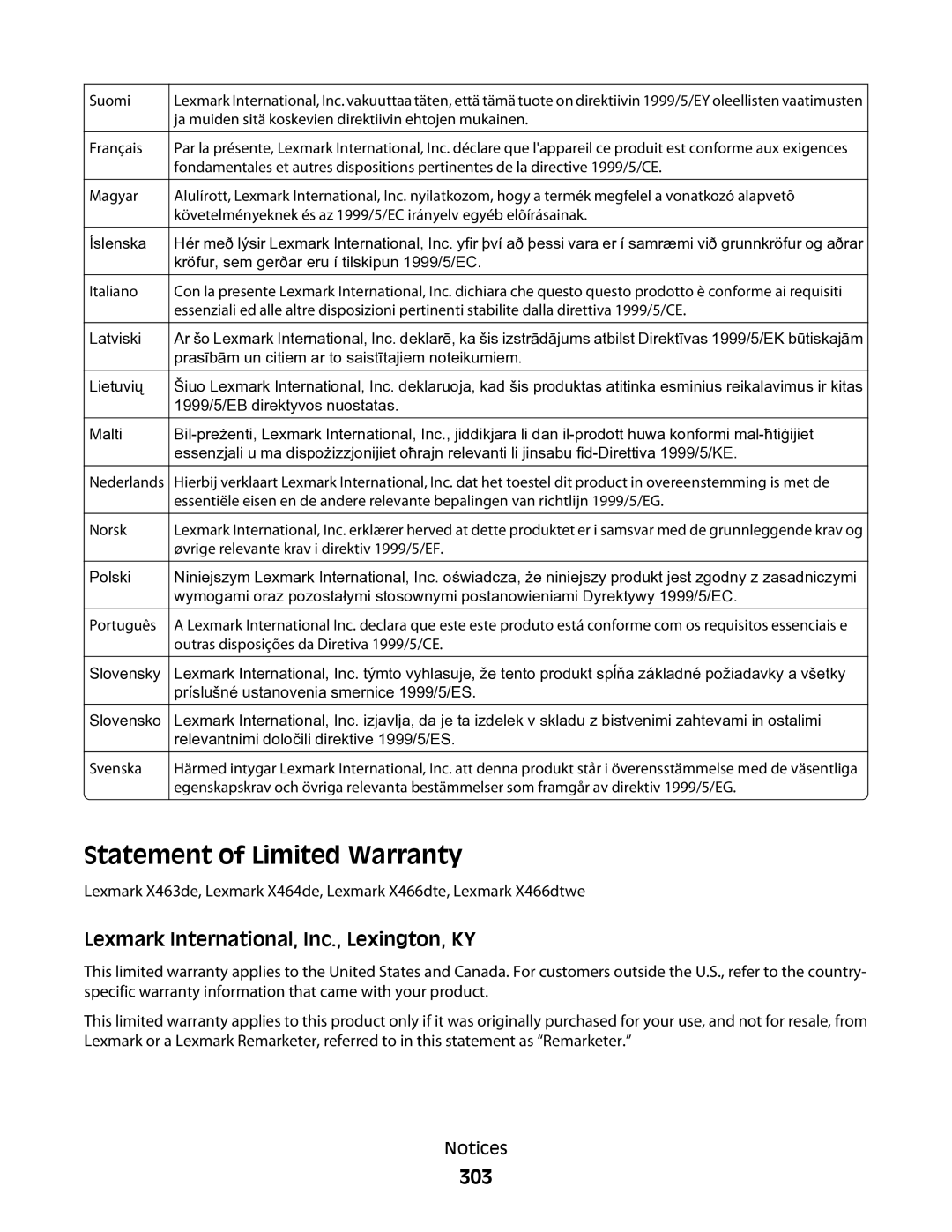 Lexmark 13C1265, X466de, X464de, 431, 63W, 636 Statement of Limited Warranty, 303, Lexmark International, Inc., Lexington, KY 
