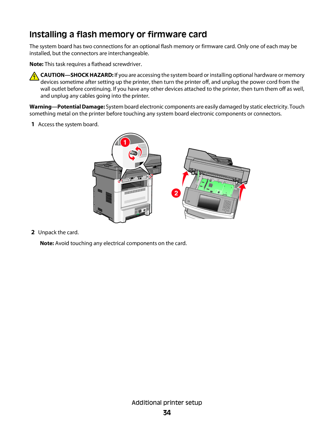 Lexmark wh1, X466de, X464de, 431, 63W, 636, g02, g12, g11, g01, hn2, hn1, wh2, n11, n12, X46X Installing a flash memory or firmware card 