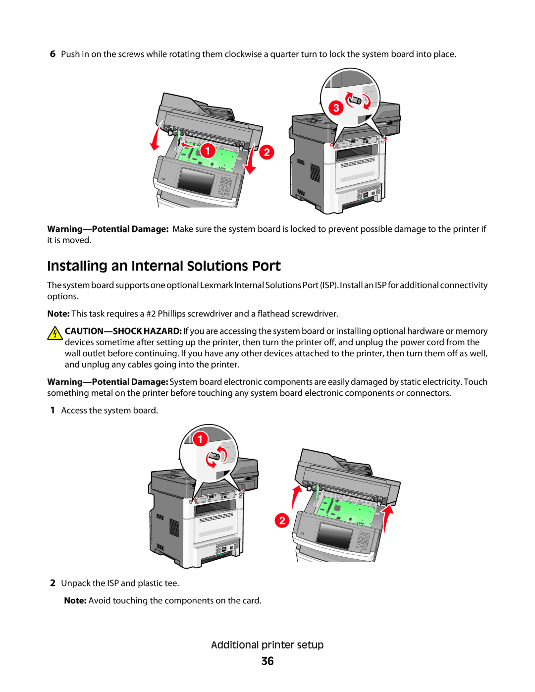 Lexmark n12, X466de, X464de, 431, 63W, 636, g02, g12, g11, g01, hn2, hn1, wh2, wh1, n11, X46X manual Installing an Internal Solutions Port 