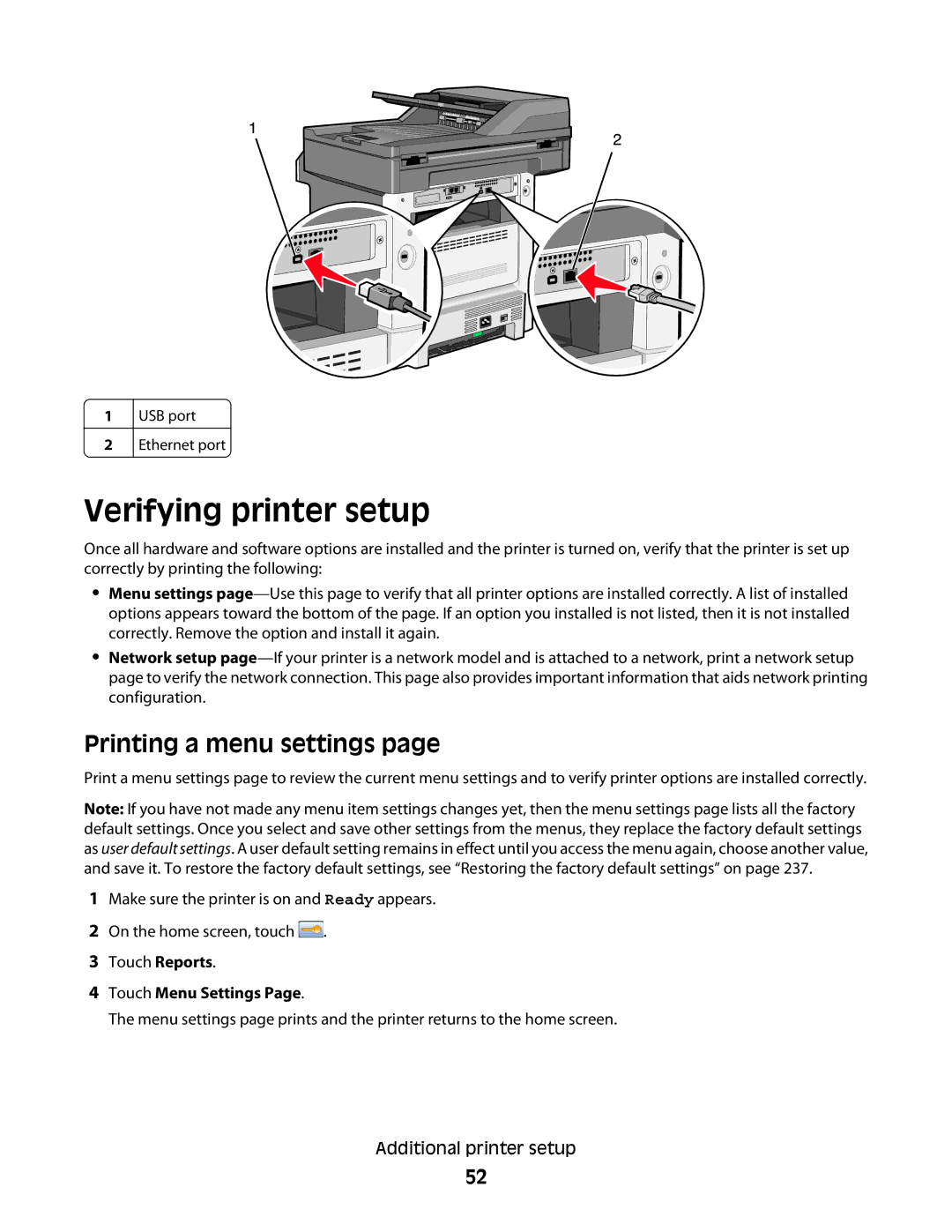 Lexmark g01, X466de, X464de, 431, 63W, 636, g02, g12, g11 Verifying printer setup, Printing a menu settings, Touch Menu Settings 