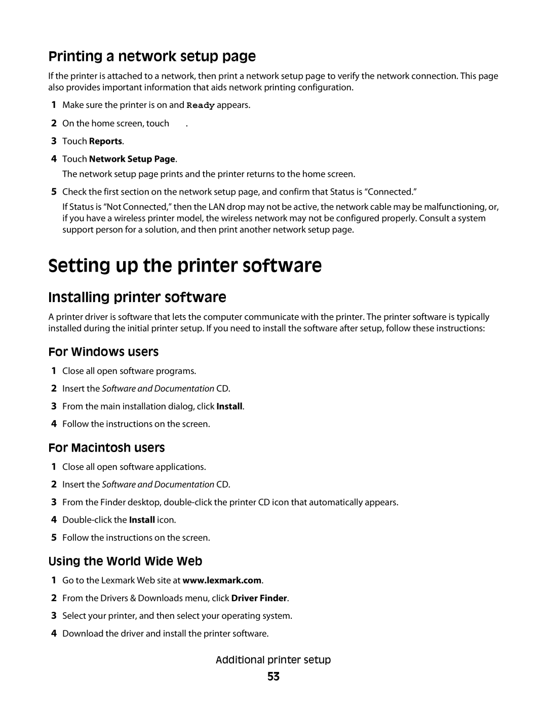 Lexmark hn2, X466de, X464de, 431, 63W Setting up the printer software, Printing a network setup, Installing printer software 