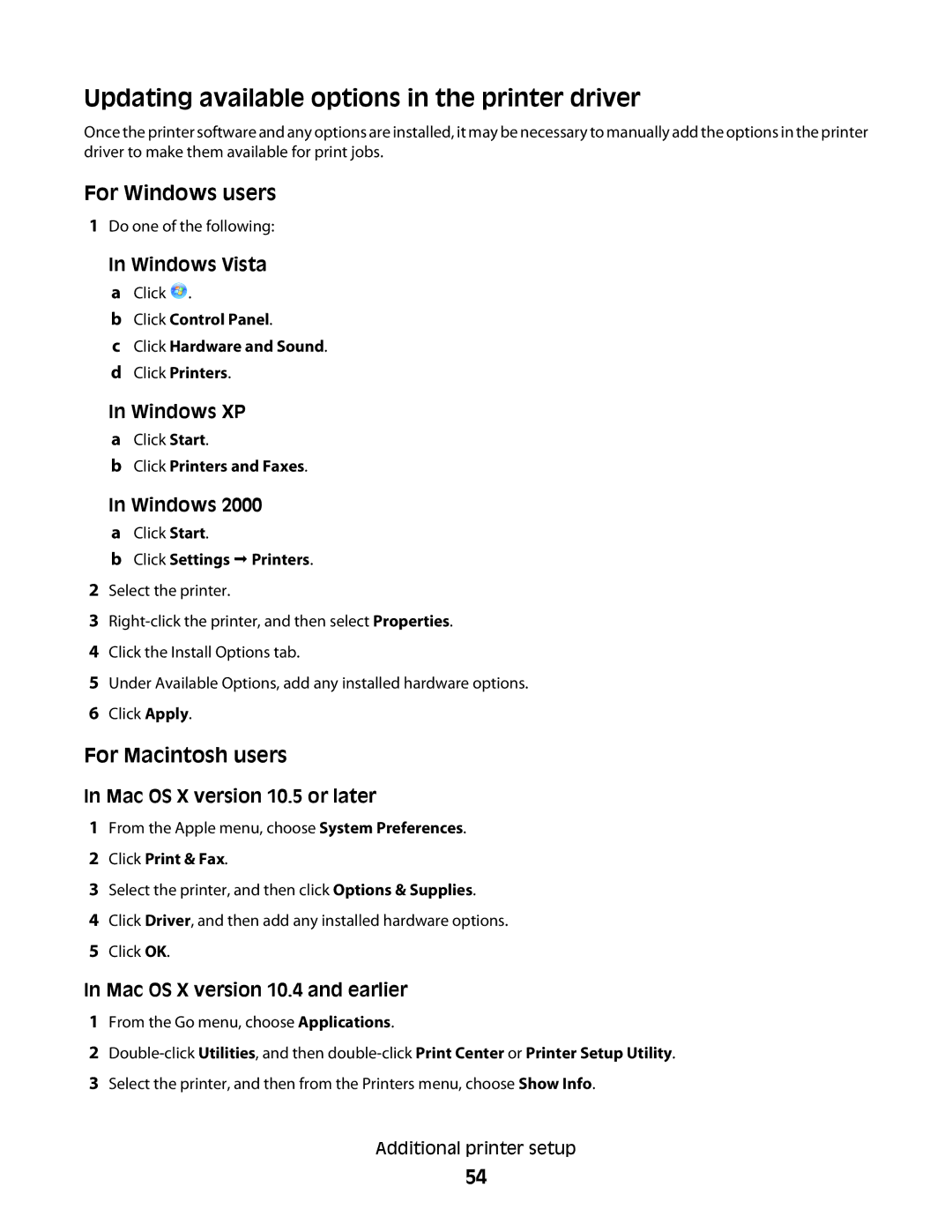 Lexmark hn1, X466de, X464de, 431, 63W, 636 Updating available options in the printer driver, Mac OS X version 10.5 or later 