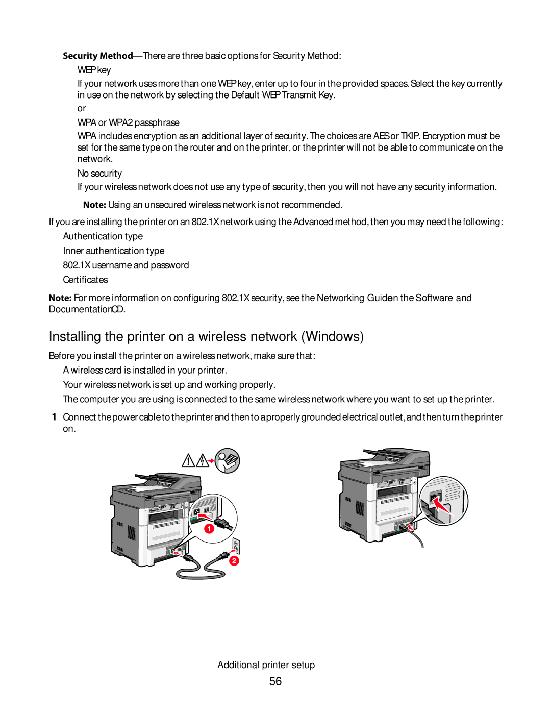 Lexmark wh1, X466de, X464de, 431, 63W, 636, g02, g12, g11, g01, hn2, hn1, wh2 Installing the printer on a wireless network Windows 