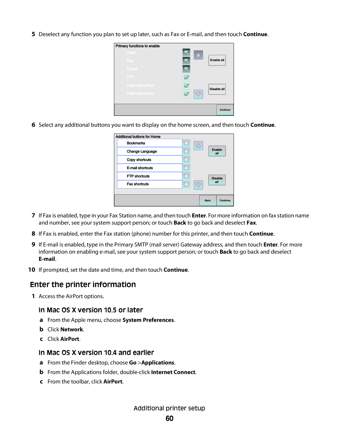 Lexmark X466dte, X466de, X464de, 431, 63W, 636, g02, g12, g11, g01 Enter the printer information, Mac OS X version 10.5 or later 