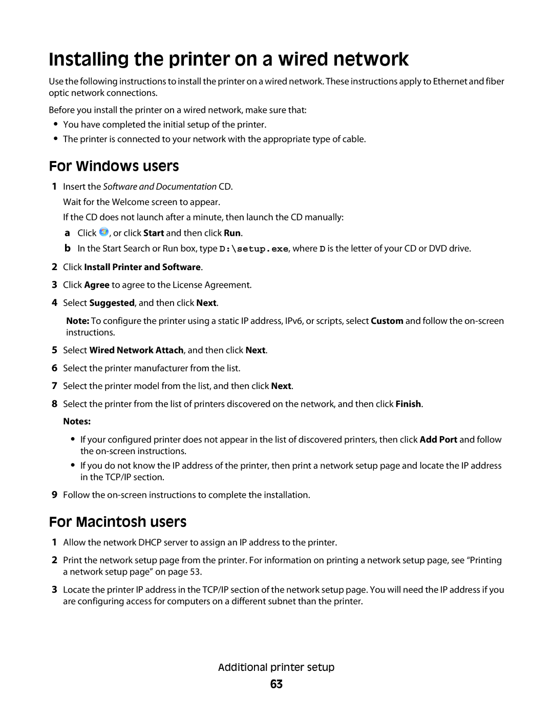 Lexmark 13C1262, X466de, X464de, 431, 63W Installing the printer on a wired network, For Windows users, For Macintosh users 