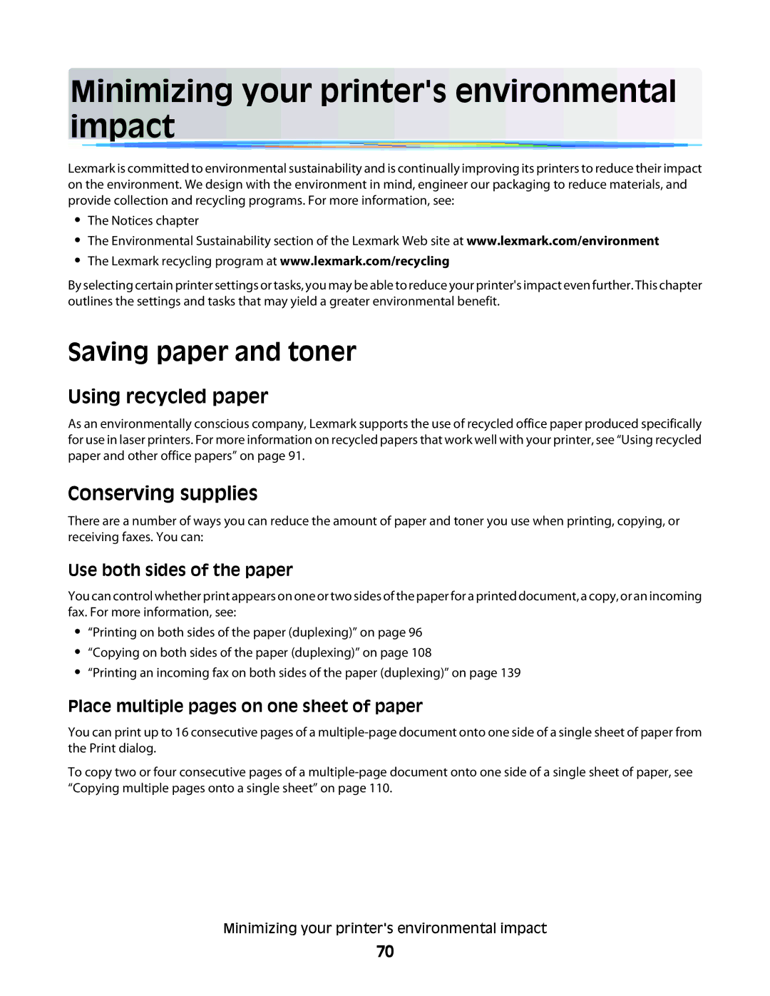 Lexmark 636, X466de, X464de, 431 Minimizing your printers environmental impact, Saving paper and toner, Using recycled paper 