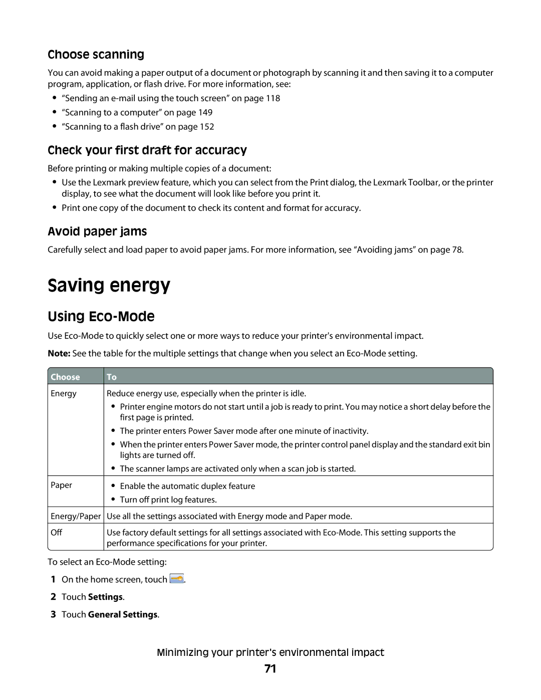 Lexmark g02, X466de Saving energy, Using Eco-Mode, Choose scanning, Check your first draft for accuracy, Avoid paper jams 