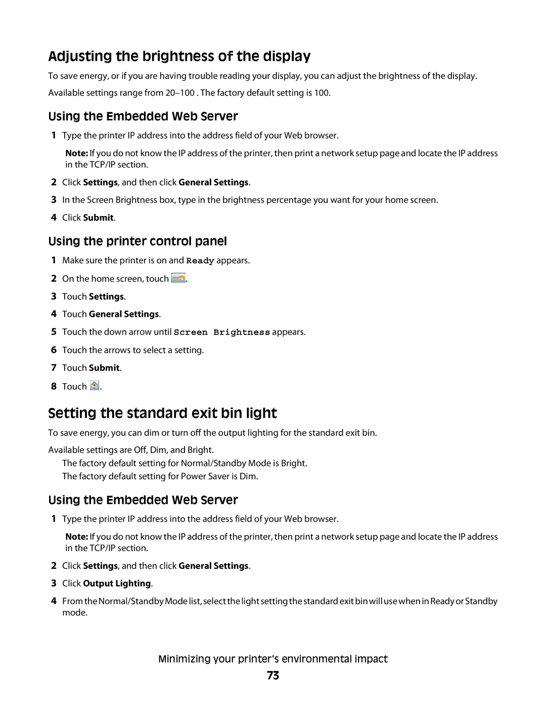 Lexmark g11, X466de Adjusting the brightness of the display, Setting the standard exit bin light, Click Output Lighting 