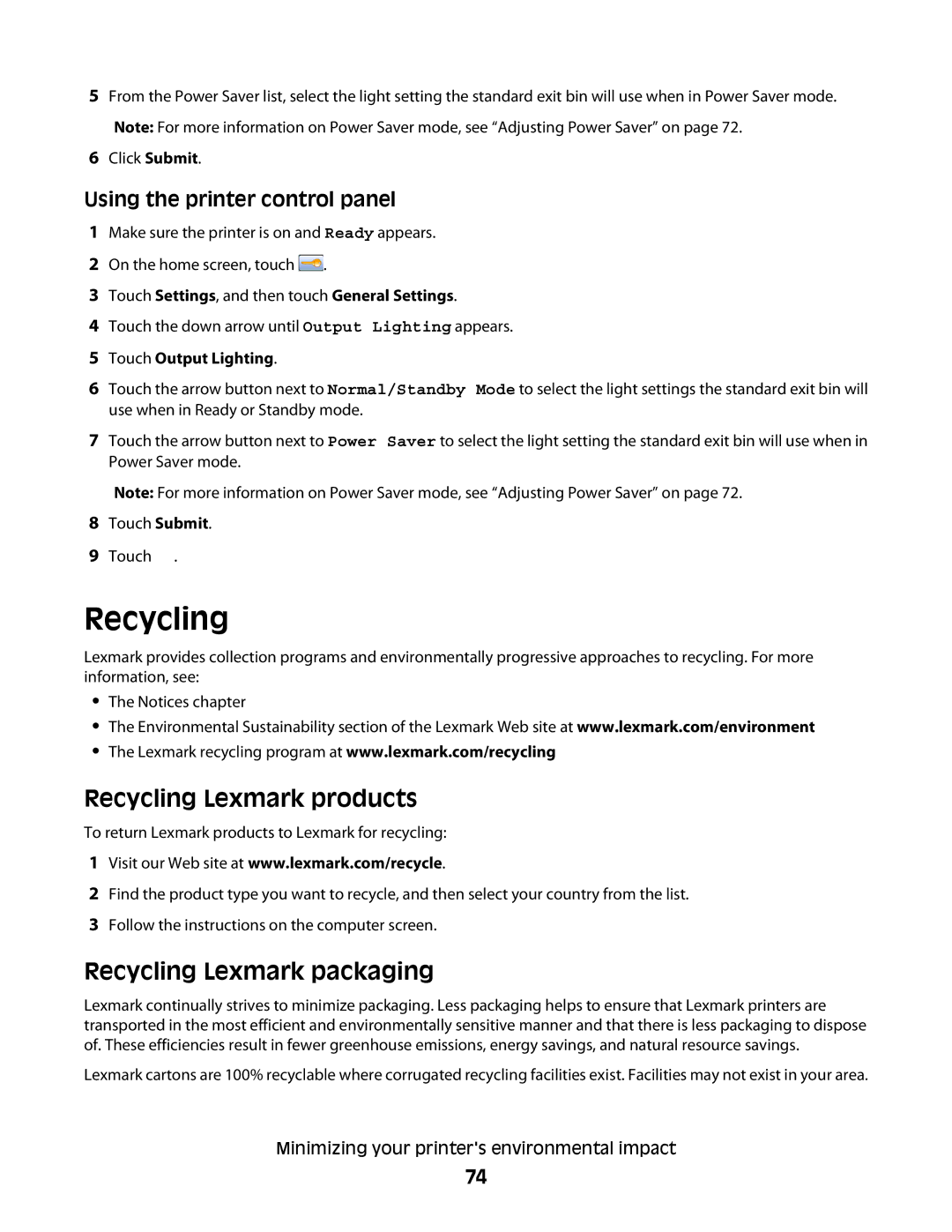 Lexmark g01, X466de, X464de, 431, 63W, 636 Recycling Lexmark products, Recycling Lexmark packaging, Touch Output Lighting 