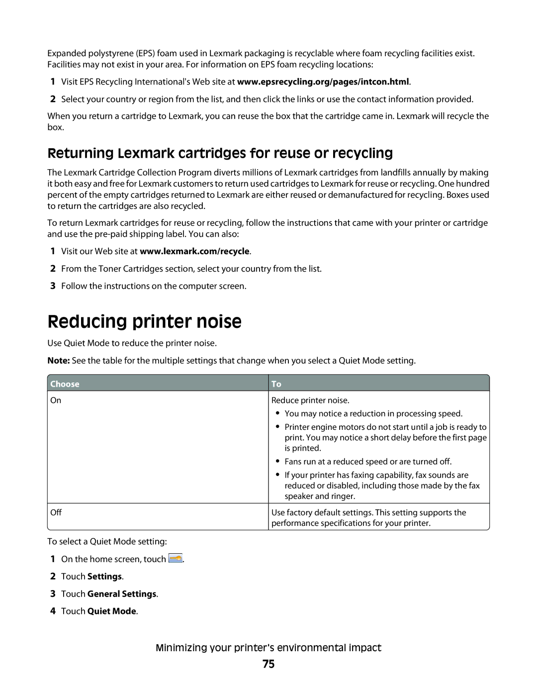 Lexmark hn2, X466de, X464de, 431, 63W, 636, g02, g12 Reducing printer noise, Returning Lexmark cartridges for reuse or recycling 