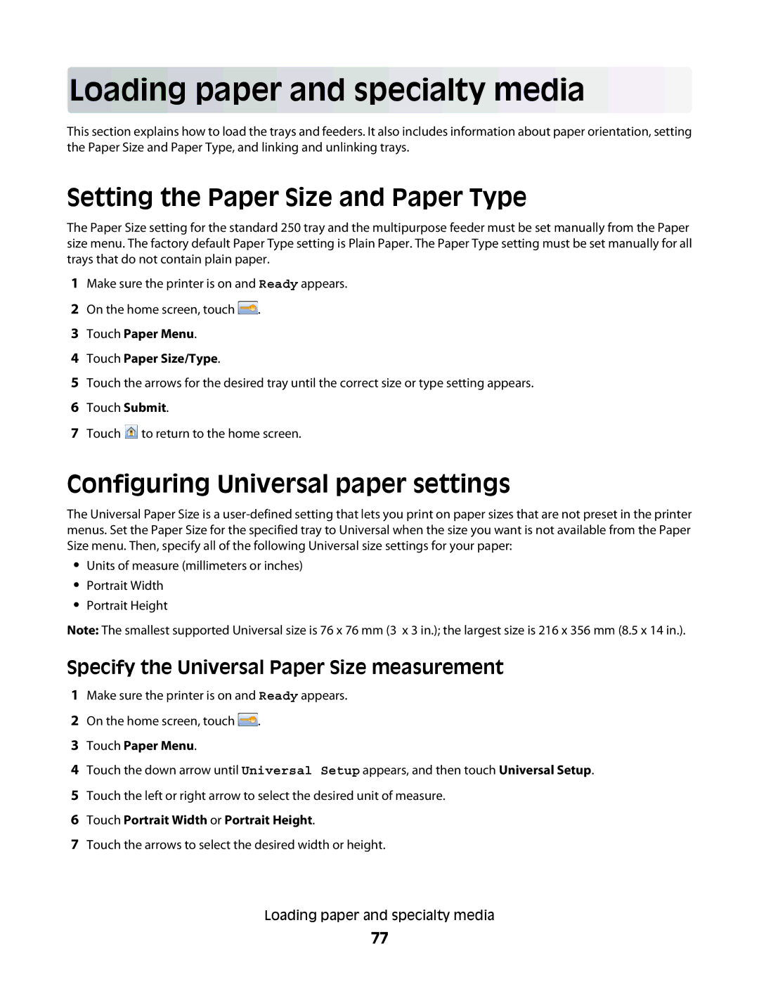 Lexmark wh2 Loading paper and specialty media, Setting the Paper Size and Paper Type, Configuring Universal paper settings 