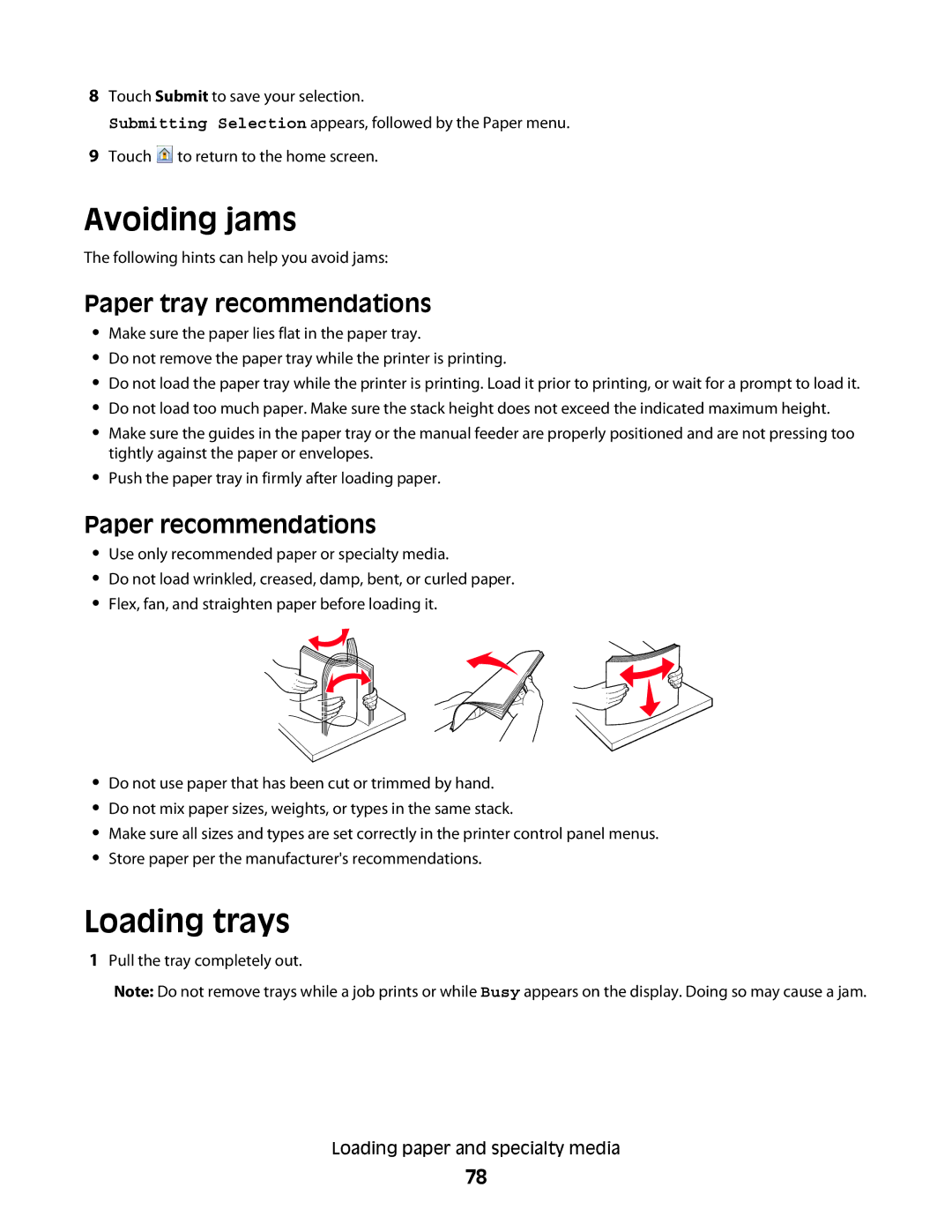 Lexmark wh1, X466de, X464de, 431, 63W, 636, g02 Avoiding jams, Loading trays, Paper tray recommendations, Paper recommendations 