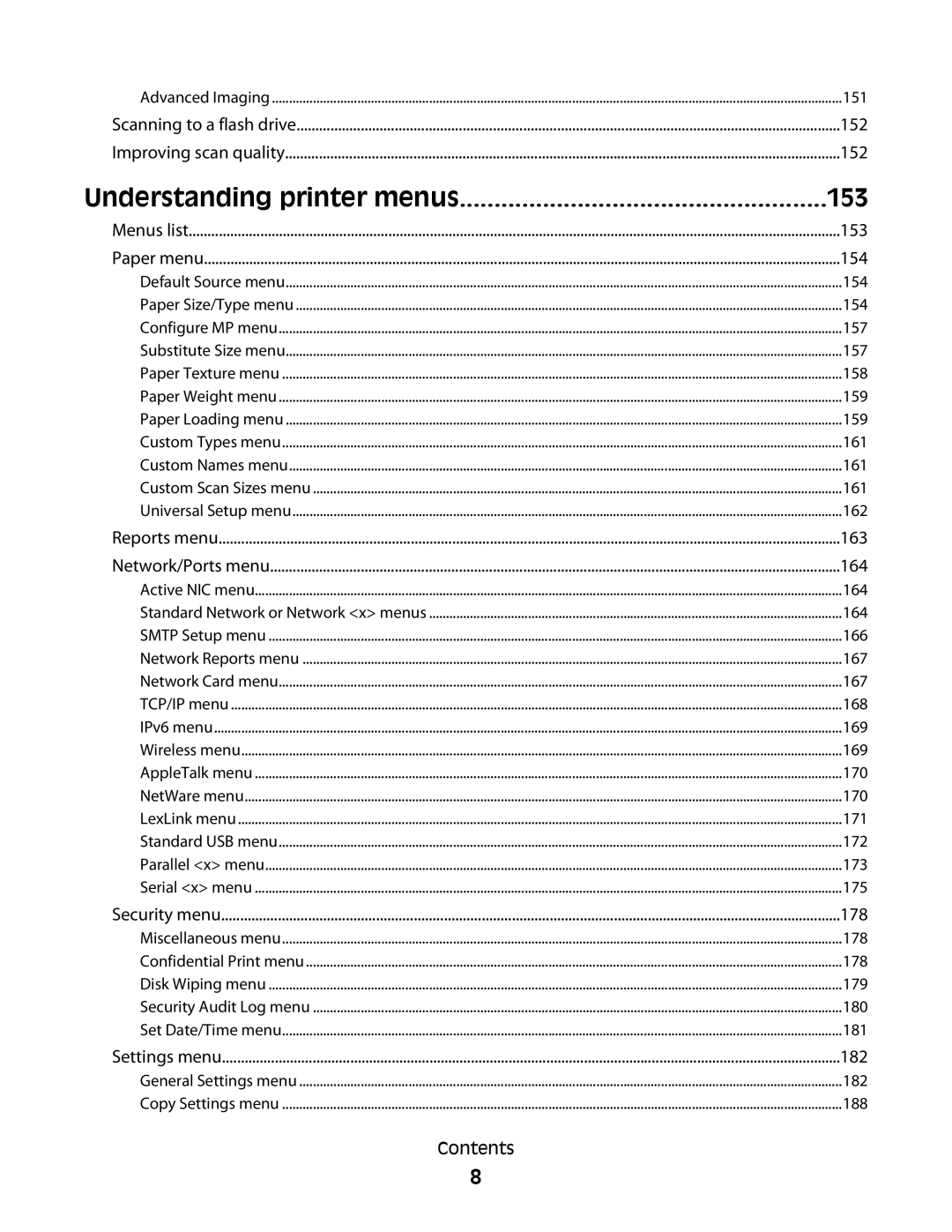 Lexmark g01, X466de, X464de, 431, 63W, 636, g02, g12, g11, hn2, hn1, wh2, wh1, n11, n12, X46X, X466dte Understanding printer menus, 153 