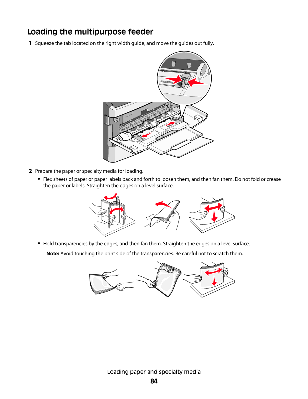 Lexmark 13C0086, X466de, X464de, 431, 63W, 636, g02, g12, g11, g01, hn2, hn1, wh2, wh1, n11, n12, X46X Loading the multipurpose feeder 