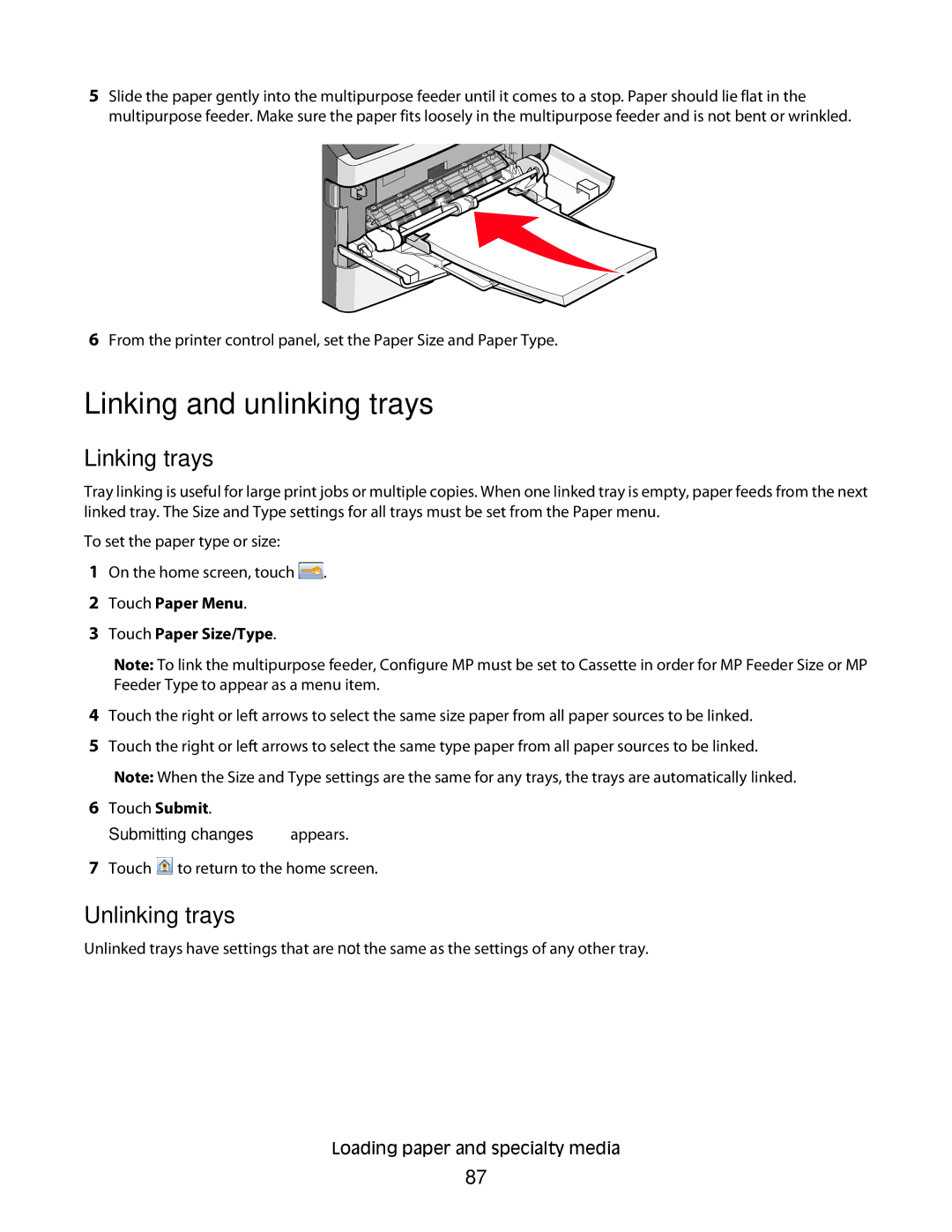 Lexmark 13C1102, X466de, X464de, 431, 63W, 636, g02, g12, g11, g01, hn2 Linking and unlinking trays, Linking trays, Unlinking trays 