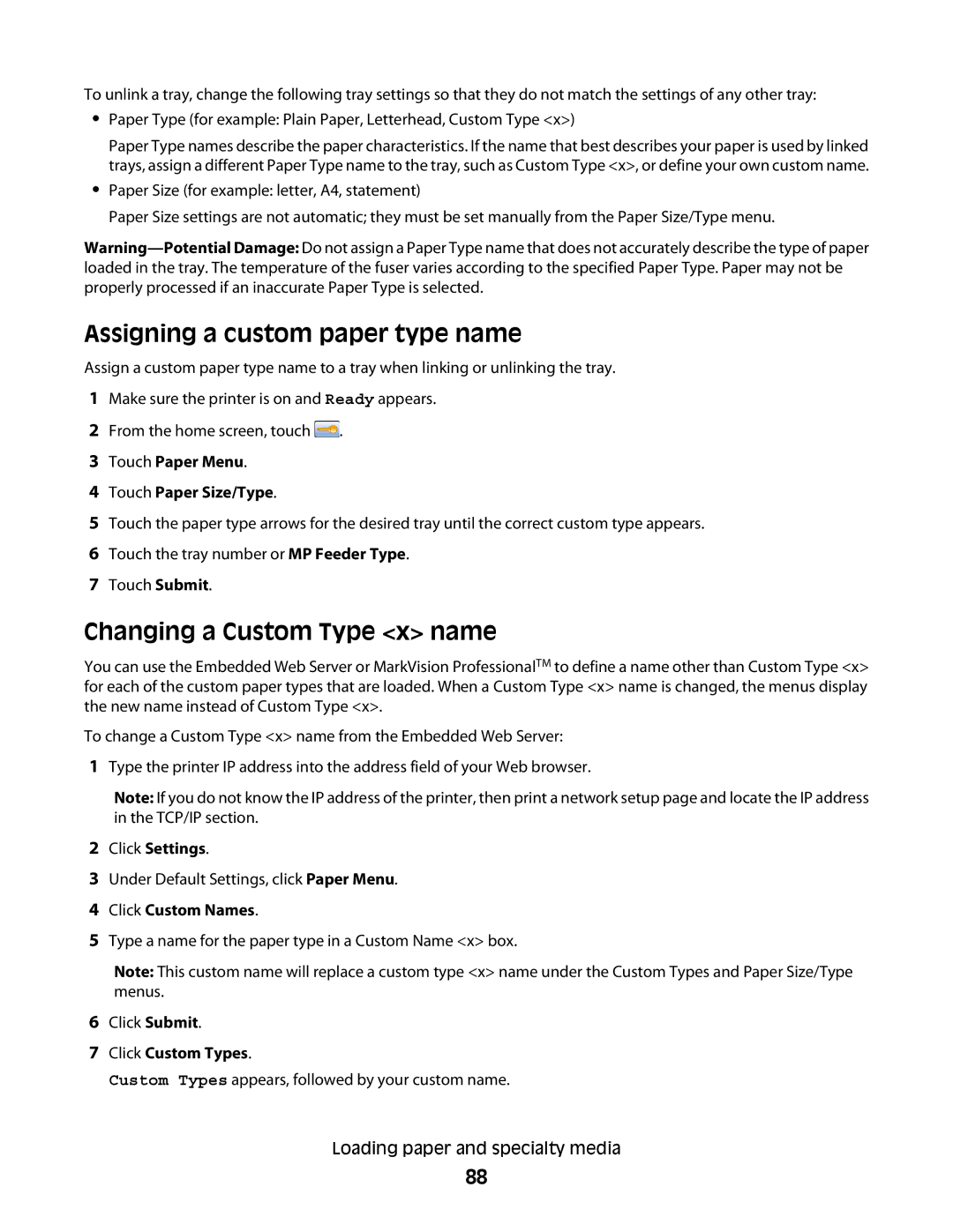 Lexmark X466de, 431 Assigning a custom paper type name, Changing a Custom Type x name, Click Settings, Click Custom Names 
