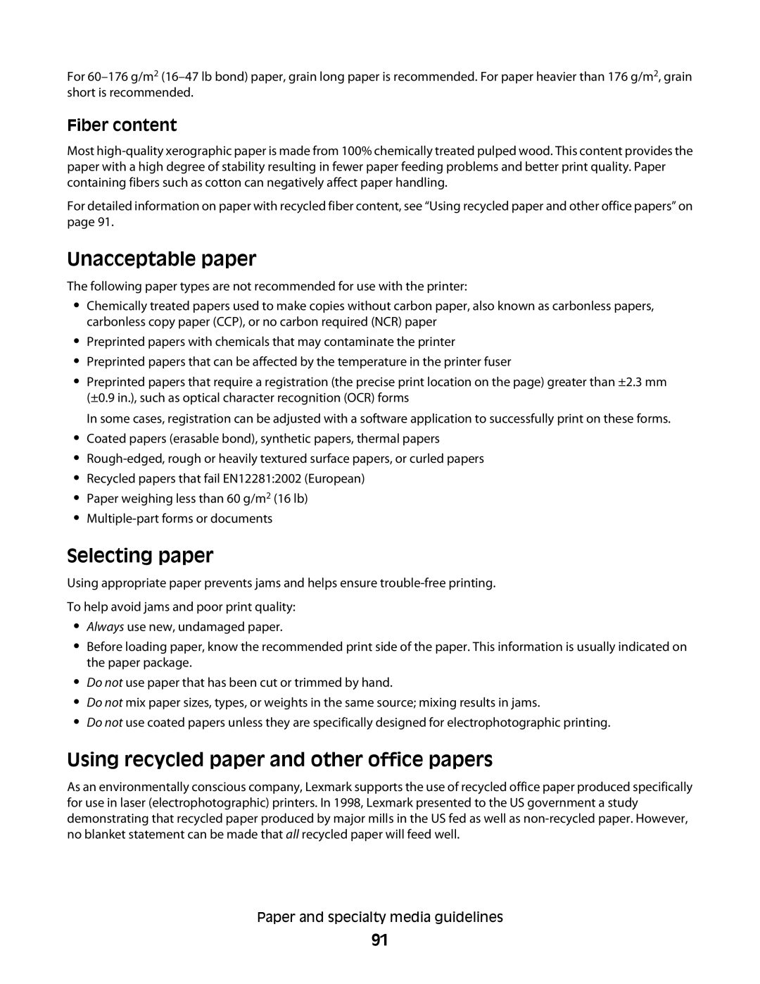 Lexmark 63W, X466de, X464de, 431, 636, g02, g12, g11, g01, hn2, hn1, wh2, wh1, n11, n12 Using recycled paper and other office papers 