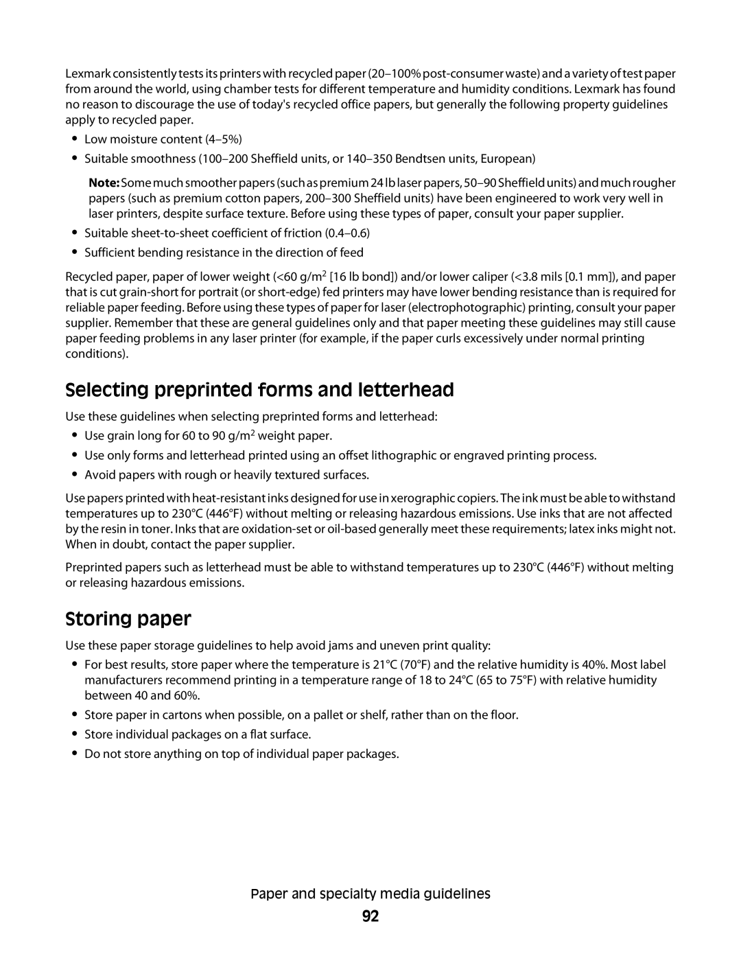 Lexmark 636, X466de, X464de, 431, 63W, g02, g12, g11, g01, hn2, hn1, wh2 Selecting preprinted forms and letterhead, Storing paper 