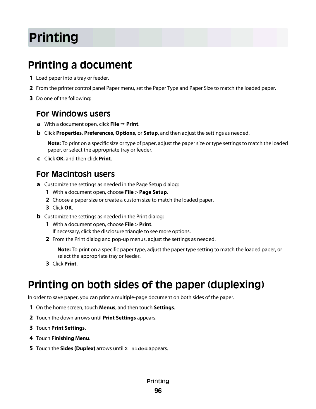 Lexmark g01, X466de, X464de, 431, 63W, 636, g02, g12, g11 Printing a document, Printing on both sides of the paper duplexing 