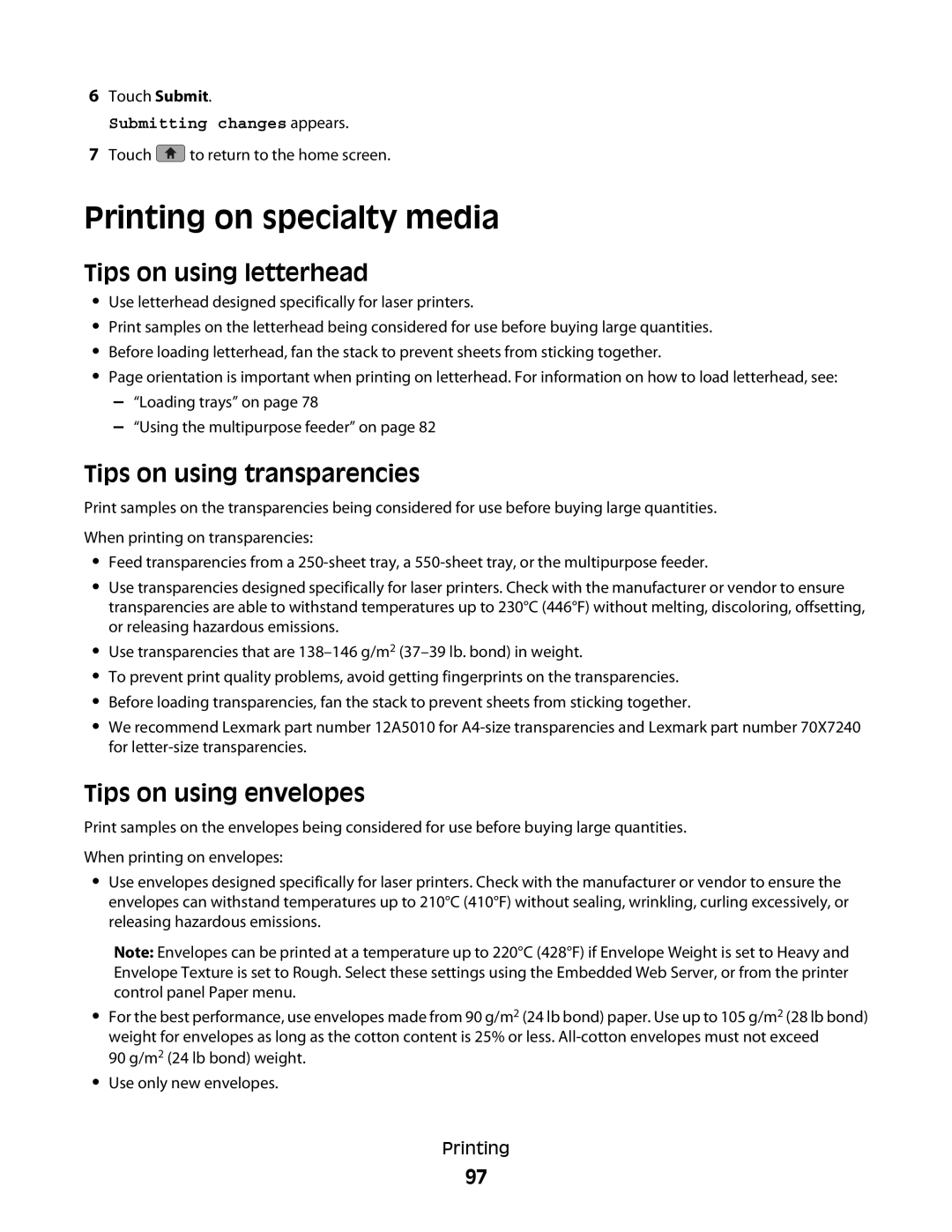 Lexmark hn2 Printing on specialty media, Tips on using letterhead, Tips on using transparencies, Tips on using envelopes 