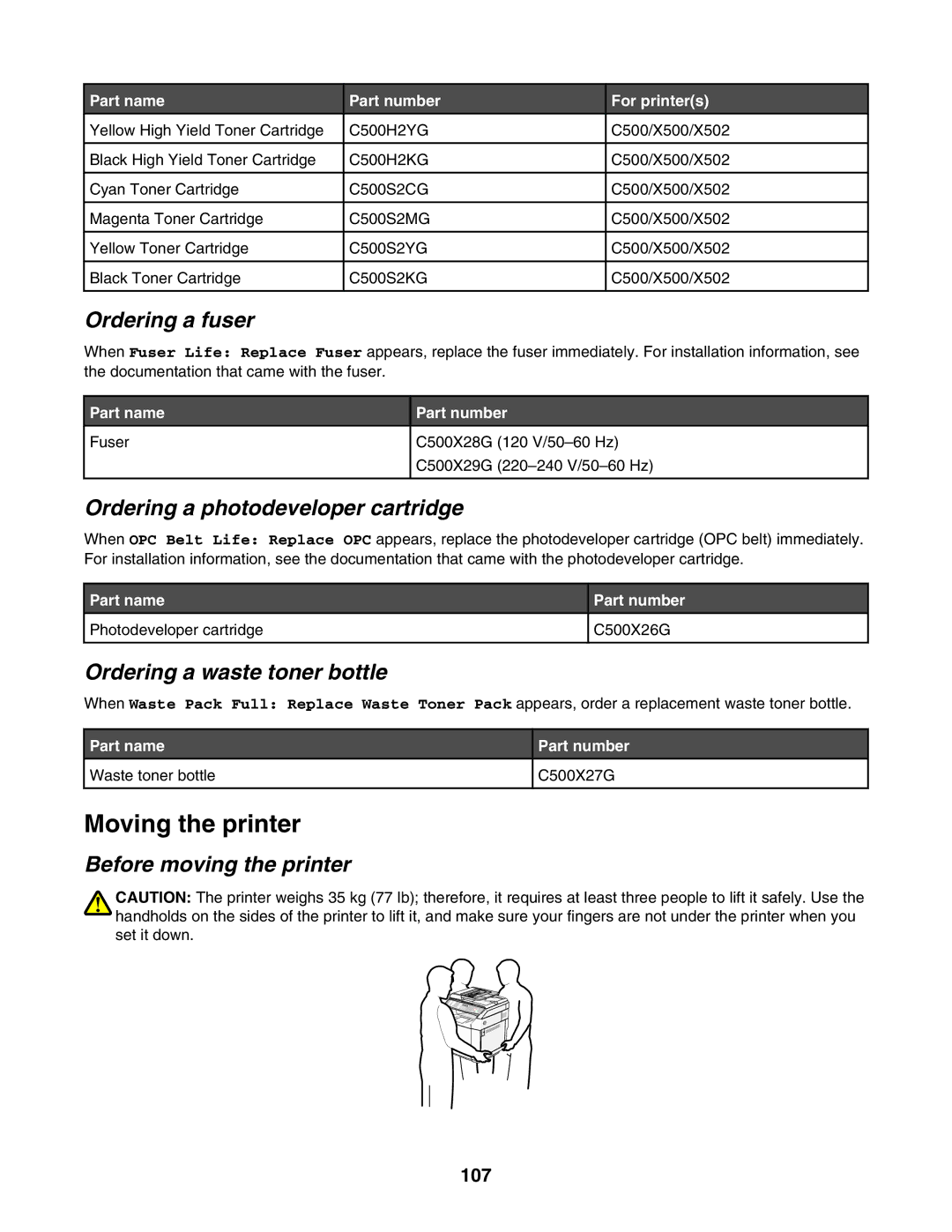 Lexmark X502N Moving the printer, Ordering a fuser, Ordering a photodeveloper cartridge, Ordering a waste toner bottle 