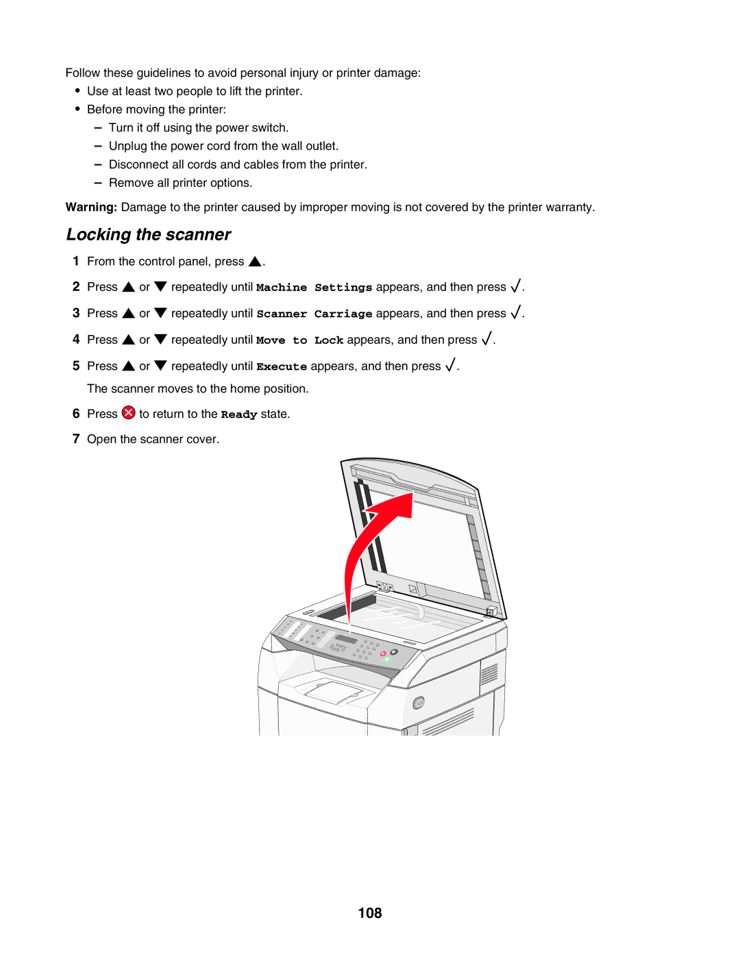 Lexmark X500n, X502N manual Locking the scanner, 108 