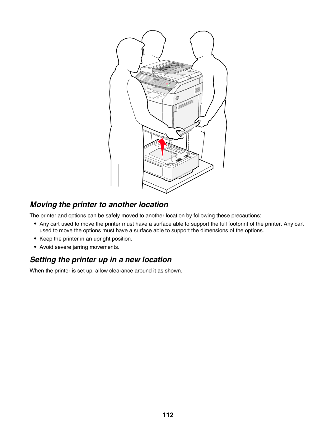 Lexmark X500n, X502N manual Moving the printer to another location, Setting the printer up in a new location, 112 