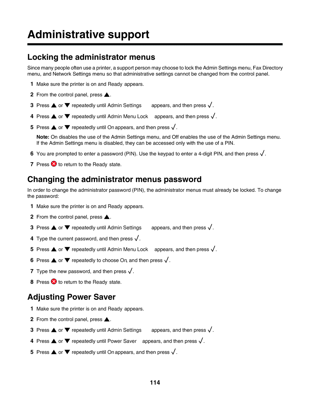 Lexmark X500n Administrative support, Locking the administrator menus, Changing the administrator menus password, 114 