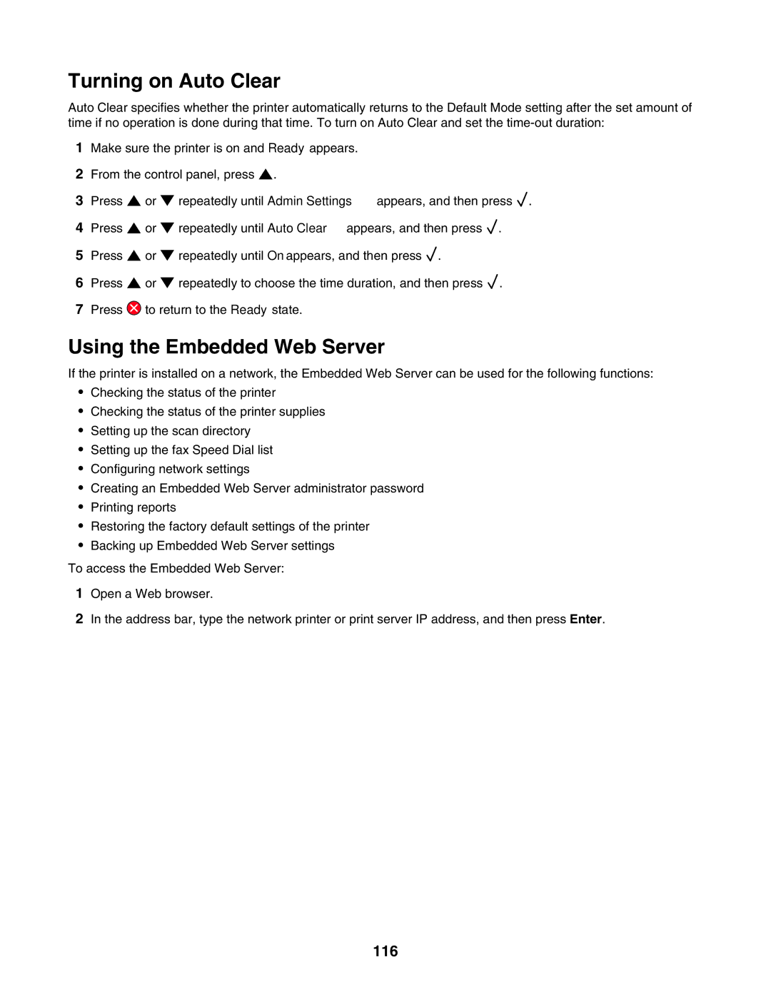 Lexmark X500n, X502N manual Turning on Auto Clear, Using the Embedded Web Server, 116 