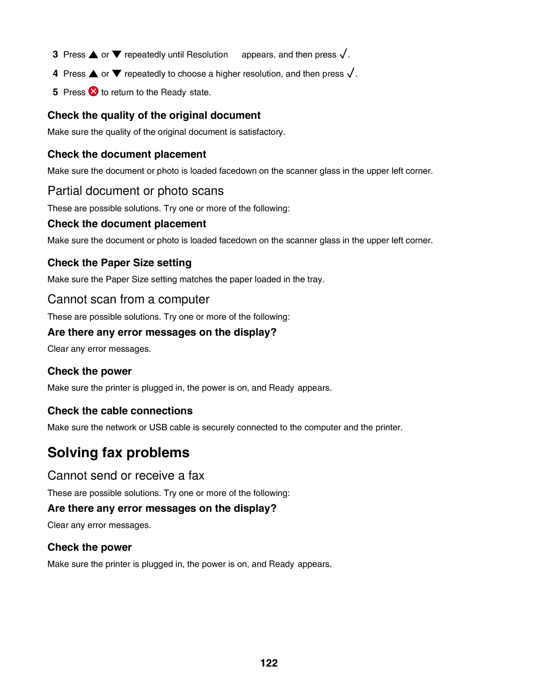 Lexmark X500n, X502N manual Solving fax problems, Partial document or photo scans, Cannot scan from a computer, 122 