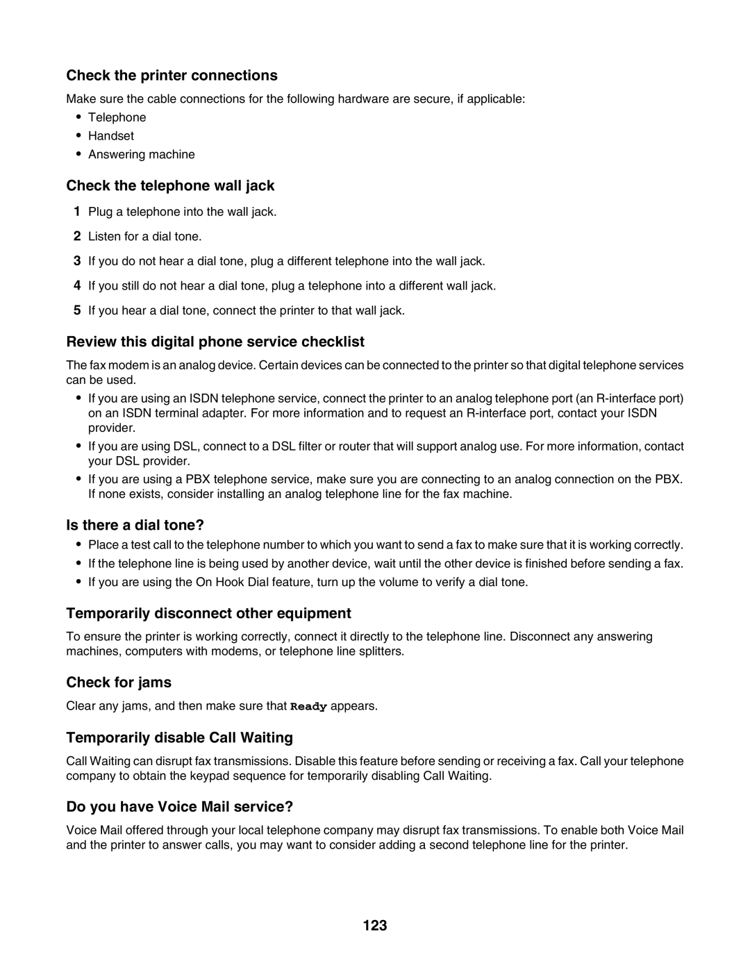 Lexmark X502N Check the printer connections, Check the telephone wall jack, Review this digital phone service checklist 