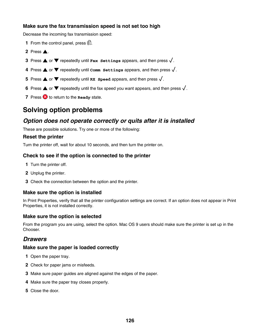 Lexmark X500n, X502N manual Solving option problems, Drawers 