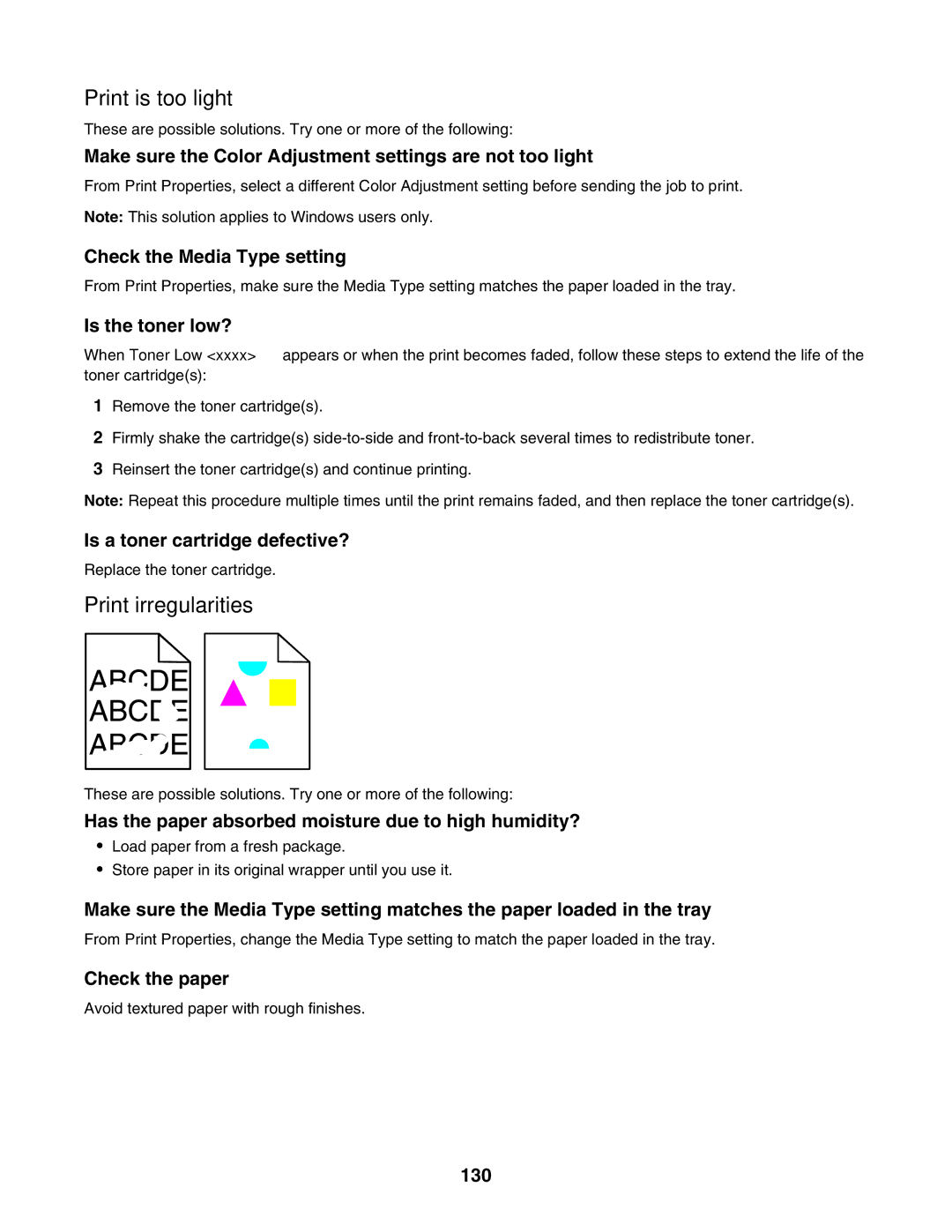 Lexmark X500n Print is too light, Print irregularities, Make sure the Color Adjustment settings are not too light, 130 