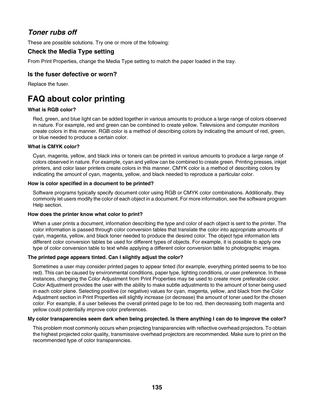 Lexmark X502N, X500n manual FAQ about color printing, Toner rubs off, 135, What is RGB color? 