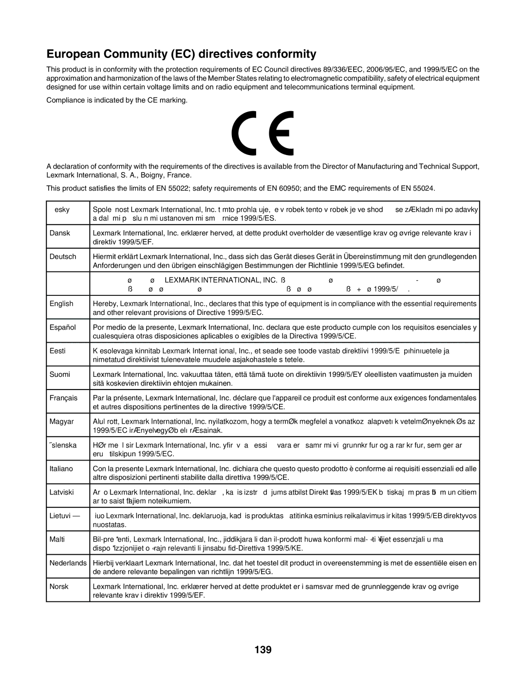 Lexmark X502N, X500n manual European Community EC directives conformity, 139 