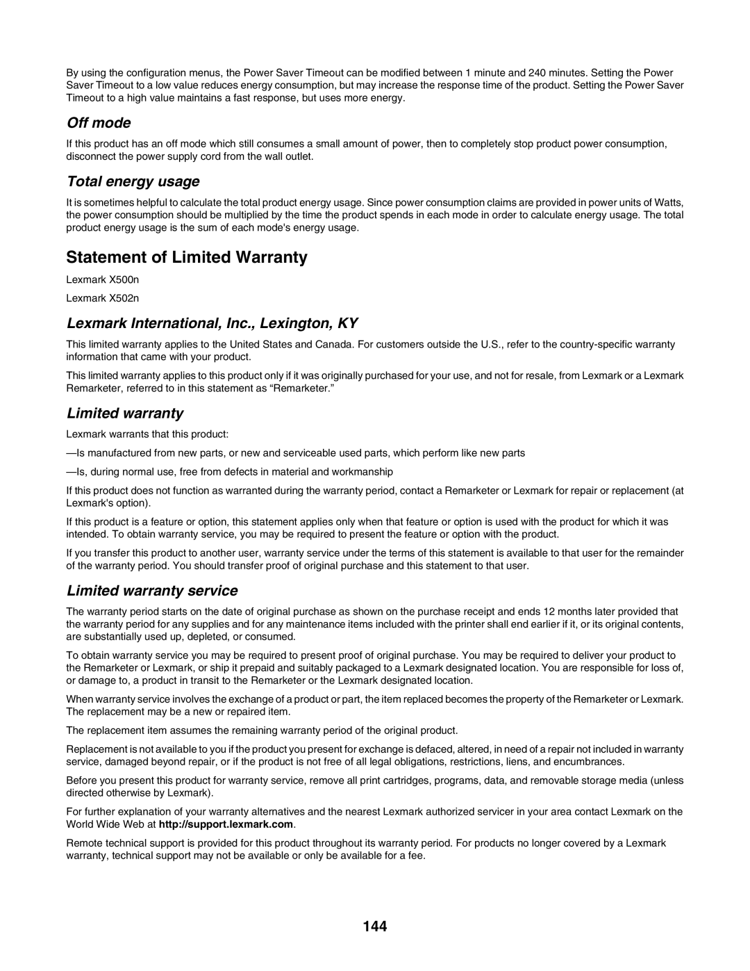 Lexmark X500n, X502N manual Off mode, 144 