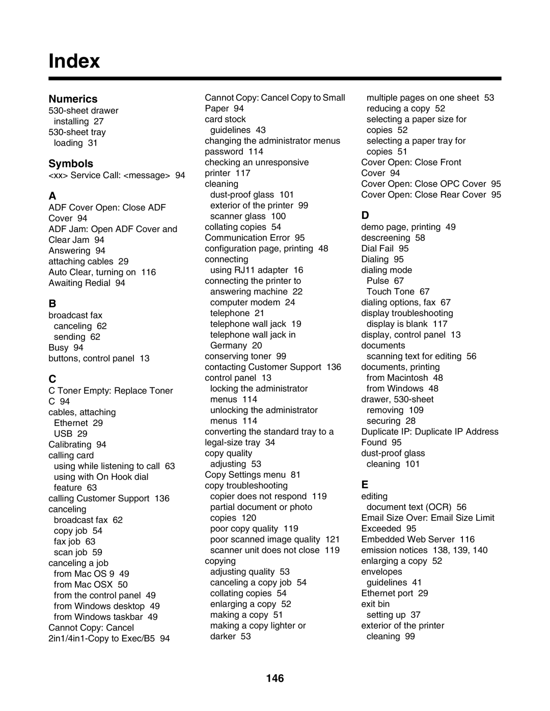 Lexmark X500n, X502N manual Index, Numerics, Symbols, 146 