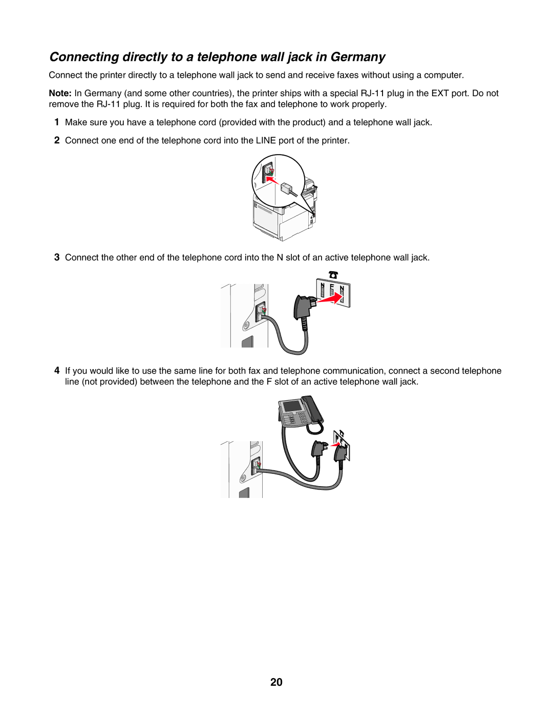 Lexmark X500n, X502N manual Connecting directly to a telephone wall jack in Germany 