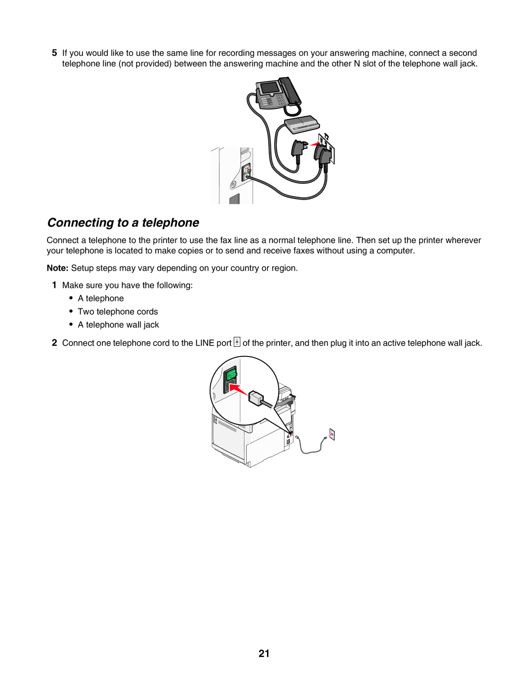 Lexmark X502N, X500n manual Connecting to a telephone 