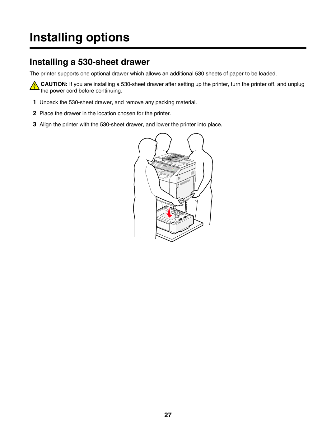 Lexmark X502N, X500n manual Installing options, Installing a 530-sheet drawer 