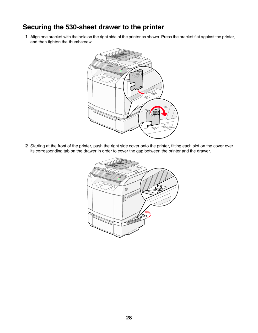 Lexmark X500n, X502N manual Securing the 530-sheet drawer to the printer 