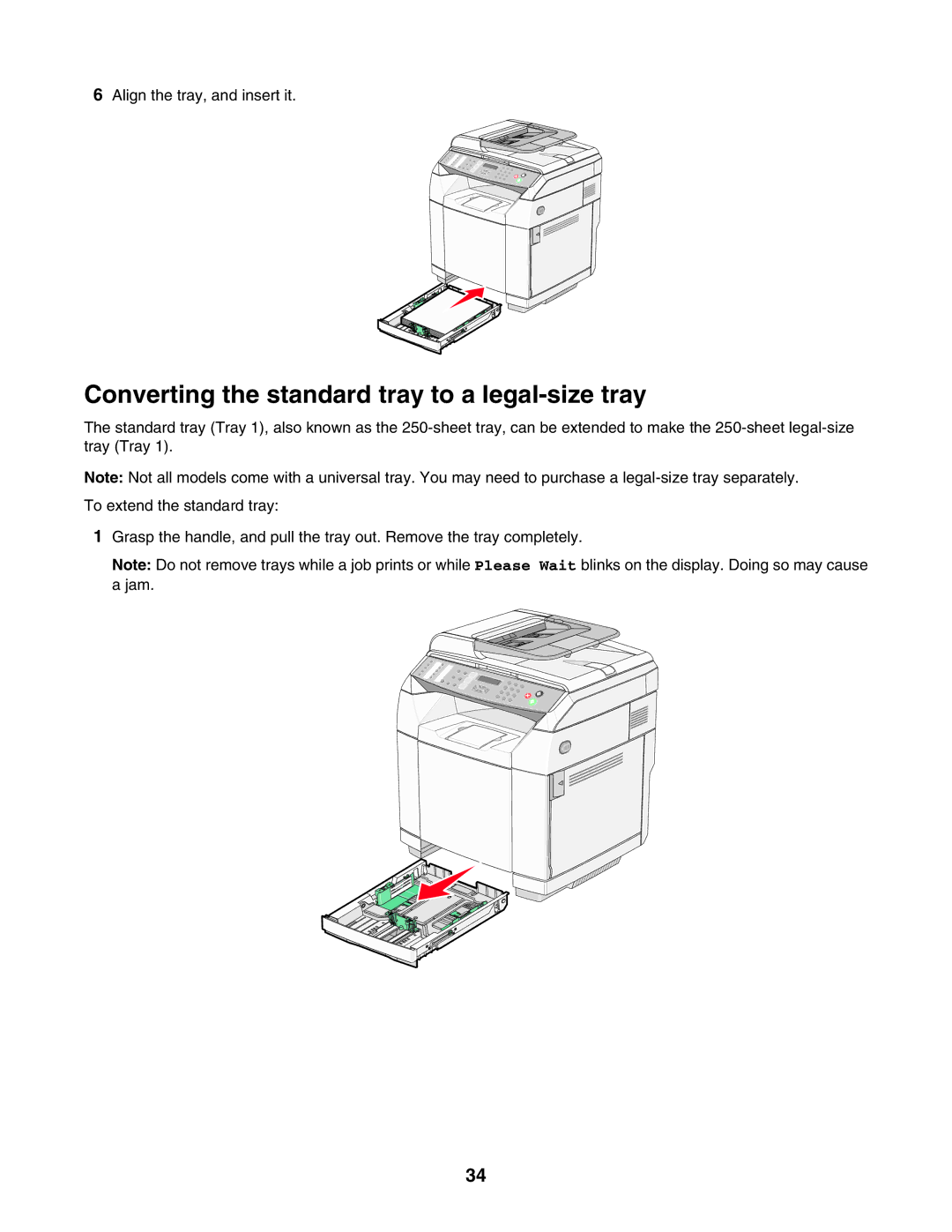 Lexmark X500n, X502N manual Converting the standard tray to a legal-size tray 