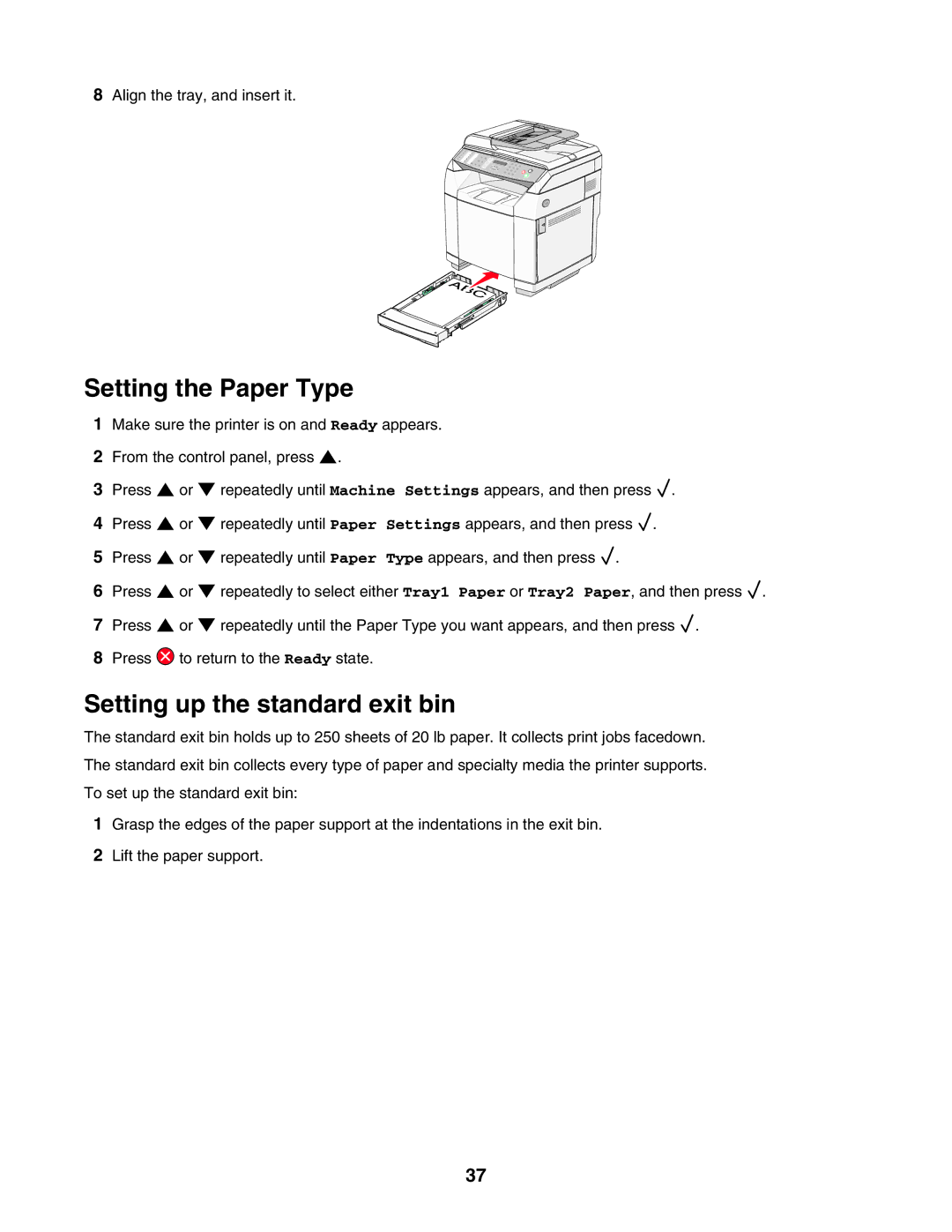 Lexmark X502N, X500n manual Setting the Paper Type, Setting up the standard exit bin 