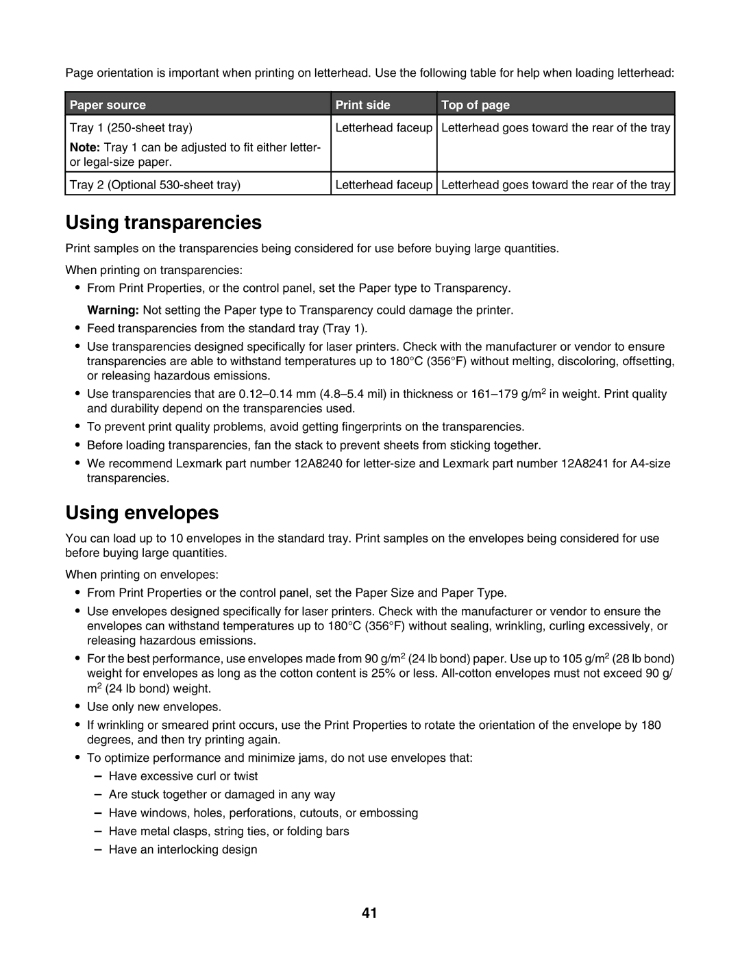 Lexmark X502N, X500n manual Using transparencies, Using envelopes 